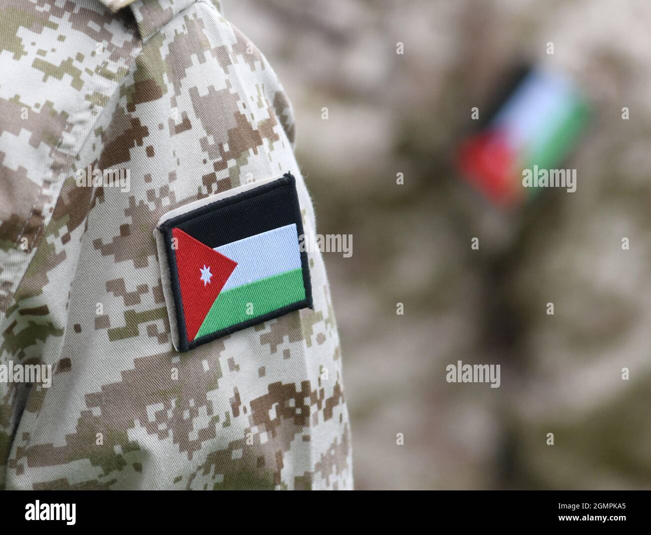 Jordanische Streitkräfte (JAF). Flagge Jordaniens auf Militäruniform. Stockfoto