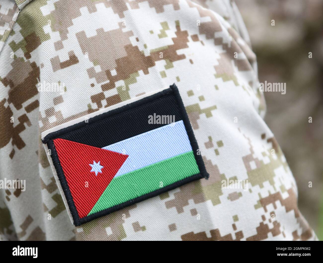 Jordanische Streitkräfte (JAF). Flagge Jordaniens auf Militäruniform. Stockfoto