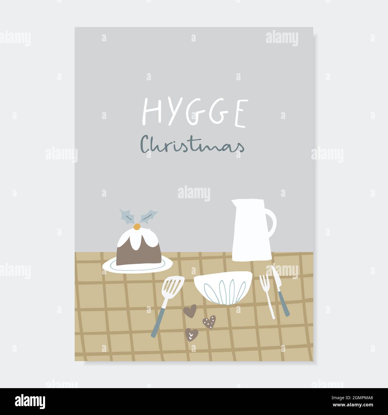 Hygge Weihnachtsgrusskarte, invitatiom. Festliche Tischeinstellung. Milchkännchen mit Pudding. Lebkuchen, Gabel und Messer auf karierter Tischdecke Stock Vektor