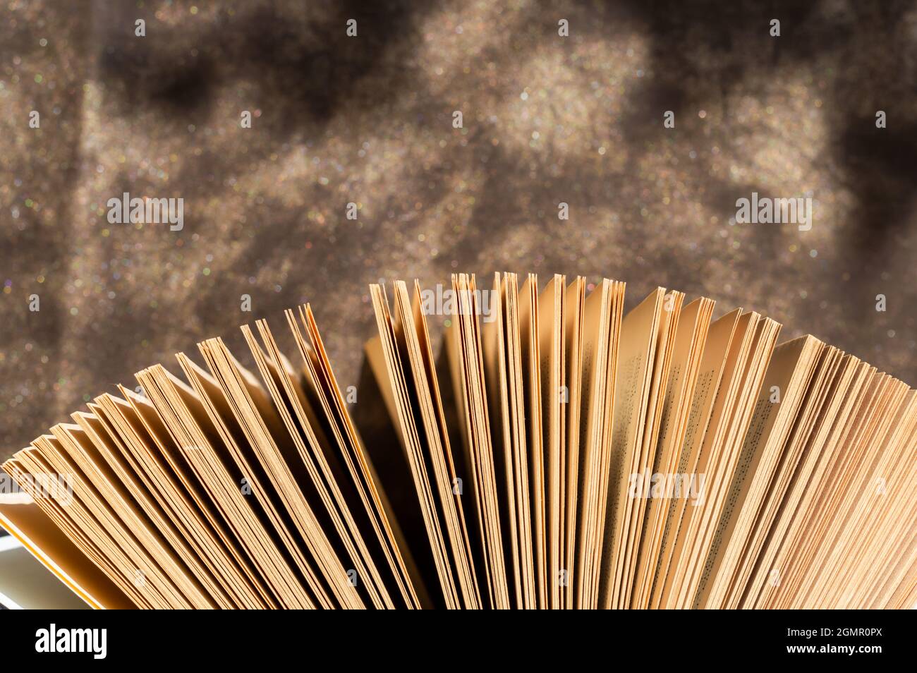 Ein offenes Buch vor glitzerndem Hintergrund in der warmen Nachmittagssonne Stockfoto