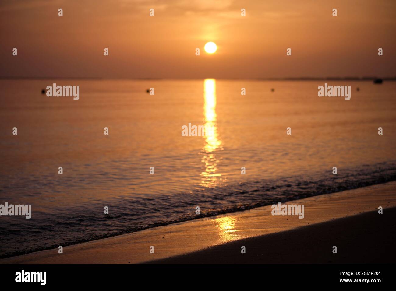 Große gelbe Sonne untergeht über der Meeresoberfläche. Stockfoto