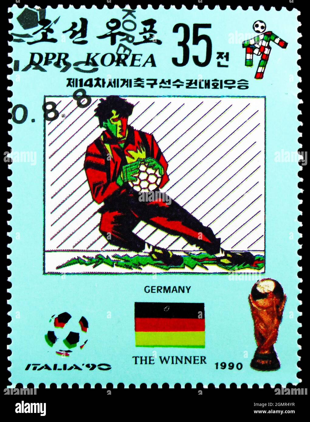 MOSKAU, RUSSLAND - 31. JULI 2021: In Korea gedruckte Briefmarke zeigt Torwart, FIFA World Cup 1990 - Italien Serie, um 1990 Stockfoto
