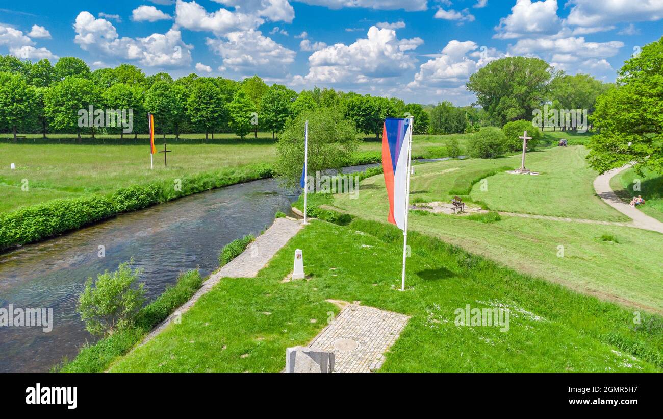 Trojmezi Point, die Grenze drei Staaten. Grenze zwischen der Tschechischen Republik, Deutschland und Polen. Stockfoto