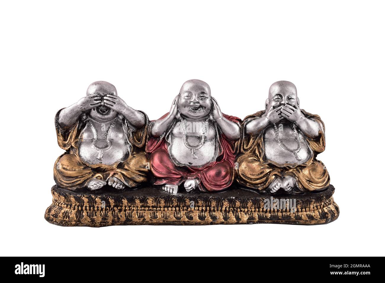 Drei Weise Buddha Siehe Hören Sprechen kein Böse Lachende Buddha Statue isoliert auf weißem Hintergrund, buddha-Figuren Stockfoto