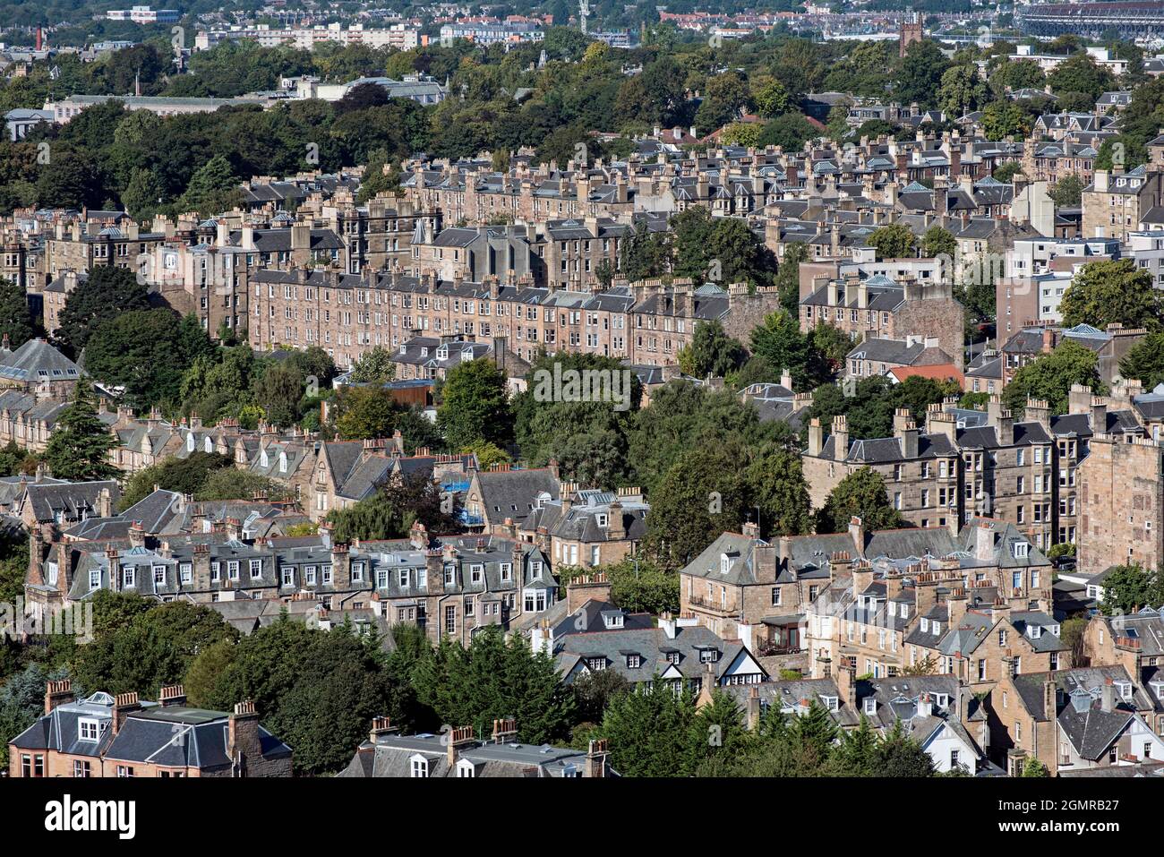 Blick auf Morningside von Blackford Hill, Edinburgh, Schottland, Großbritannien. Stockfoto