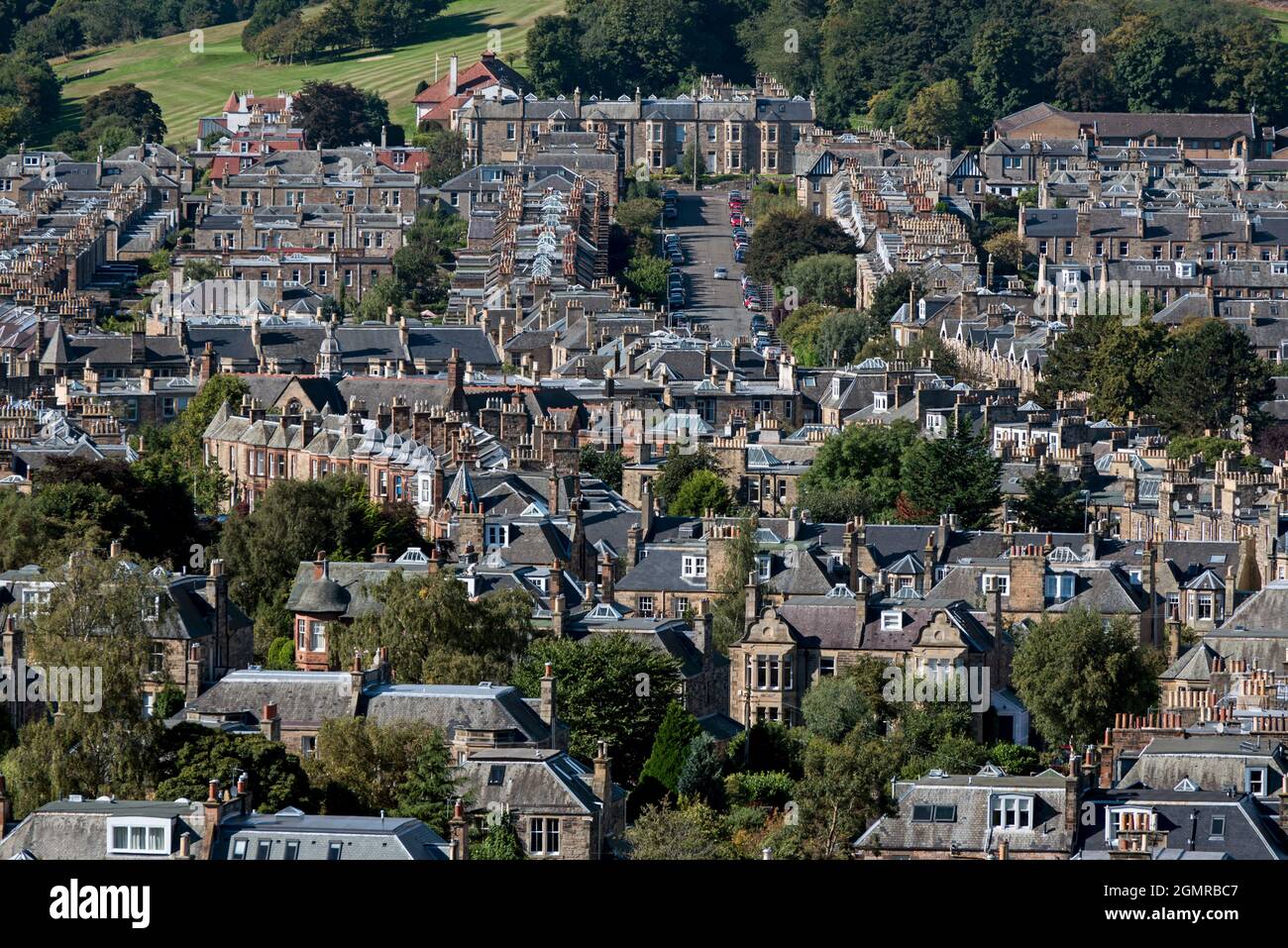 Blick auf Morningside von Blackford Hill, Edinburgh, Schottland, Großbritannien. Stockfoto