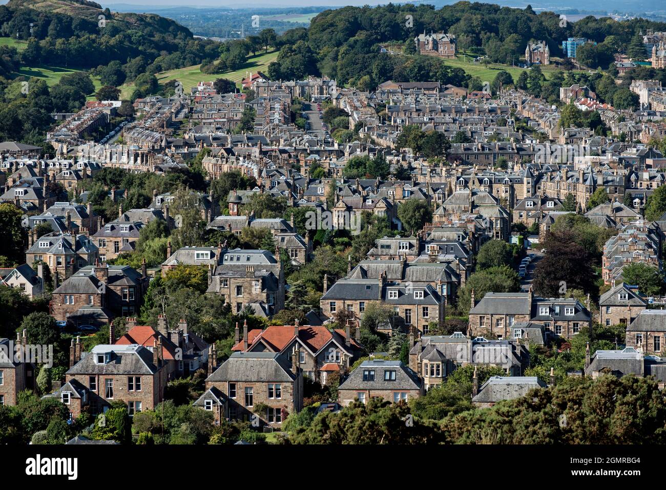 Blick auf Morningside von Blackford Hill, Edinburgh, Schottland, Großbritannien. Stockfoto