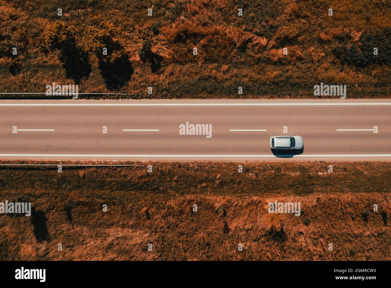 Luftaufnahme eines einzigen grauen Autos, das im Spätsommer durch die Landschaft fährt, Drone von oben nach unten Stockfoto