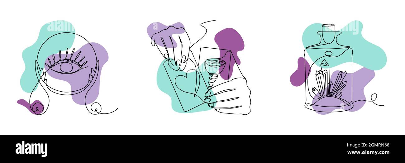 Ein Satz von magischen esoterischen mystischen Symbolen Talismane mit abstrakten organischen Formen. Spirituelle Objekte in violetten und türkisfarbenen Farben. Halloween-Vektor Stock Vektor