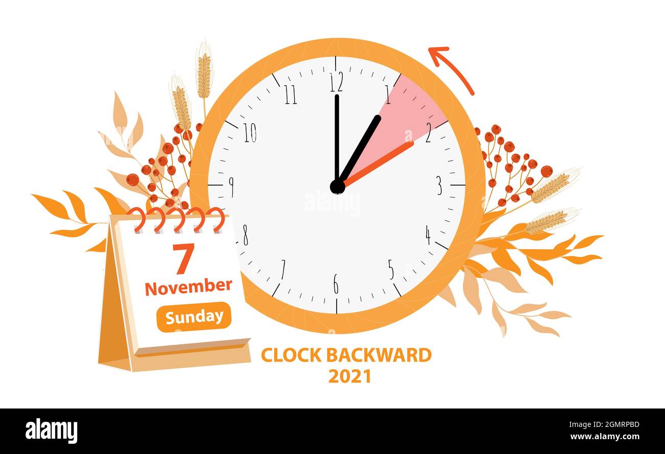 Sommerzeit endet Konzept. Vektordarstellung von Uhr und Kalenderdatum der Wechselzeit im november 7, 2021 mit Herbstlaub Dekoration. Stock Vektor