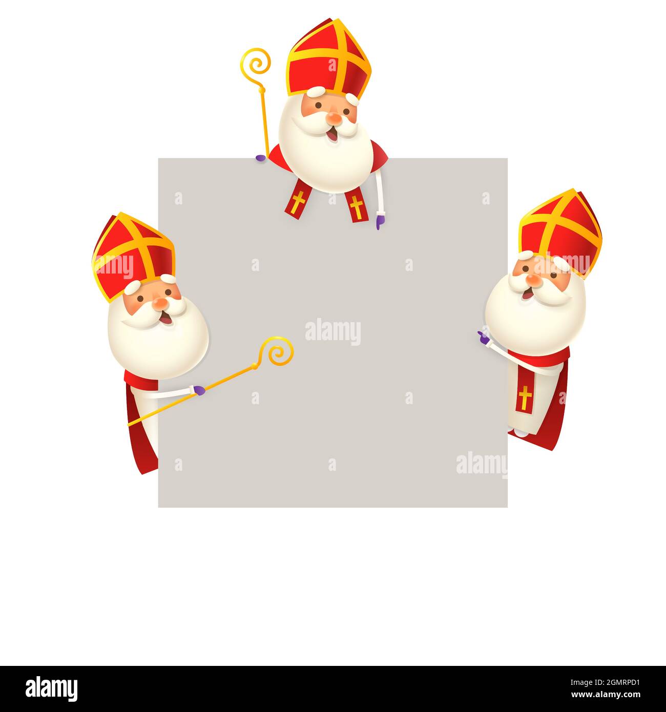 St. Nikolaus oder Sinterklaas auf der linken und rechten Seite des Brettes und oben - gruppierte und isolierte 3D-Vektordarstellung Stock Vektor