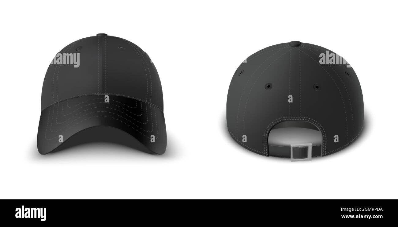 Schwarze Baseballmütze Set Vorder- und Rückansicht realistische Vektor-Vorlage. Stock Vektor