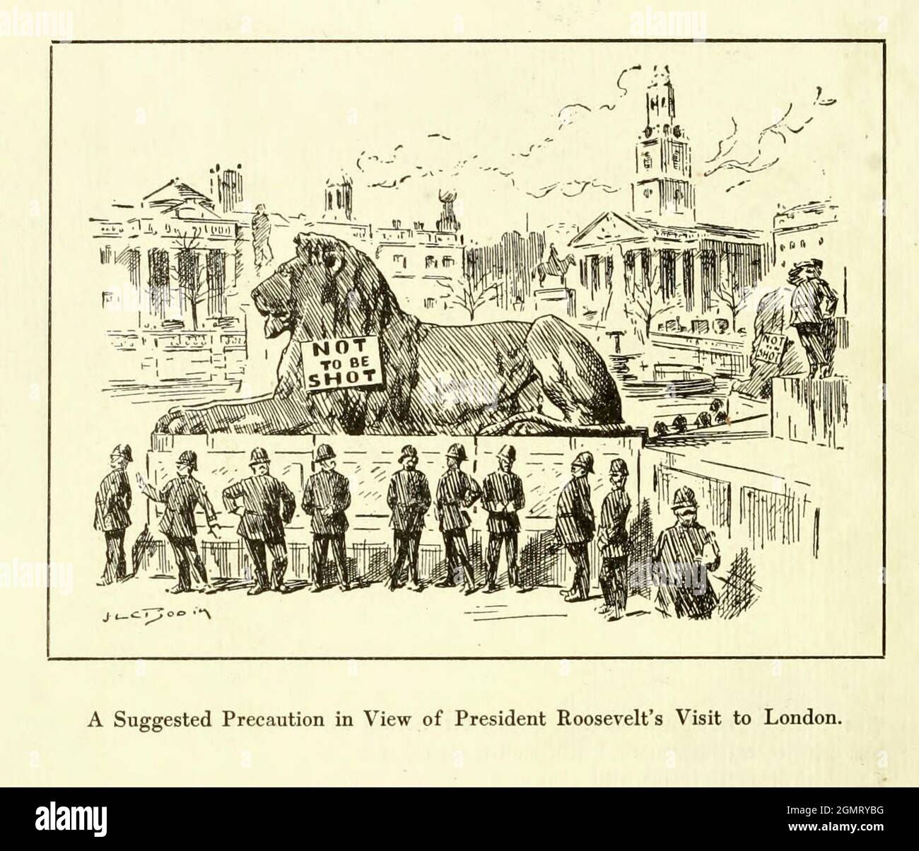 Schießen Sie nicht auf Trafalgar Square Lion - Eine empfohlene Vorsichtsmaßnahme angesichts des Besuchs von Präsident Roosevelt in London Stockfoto