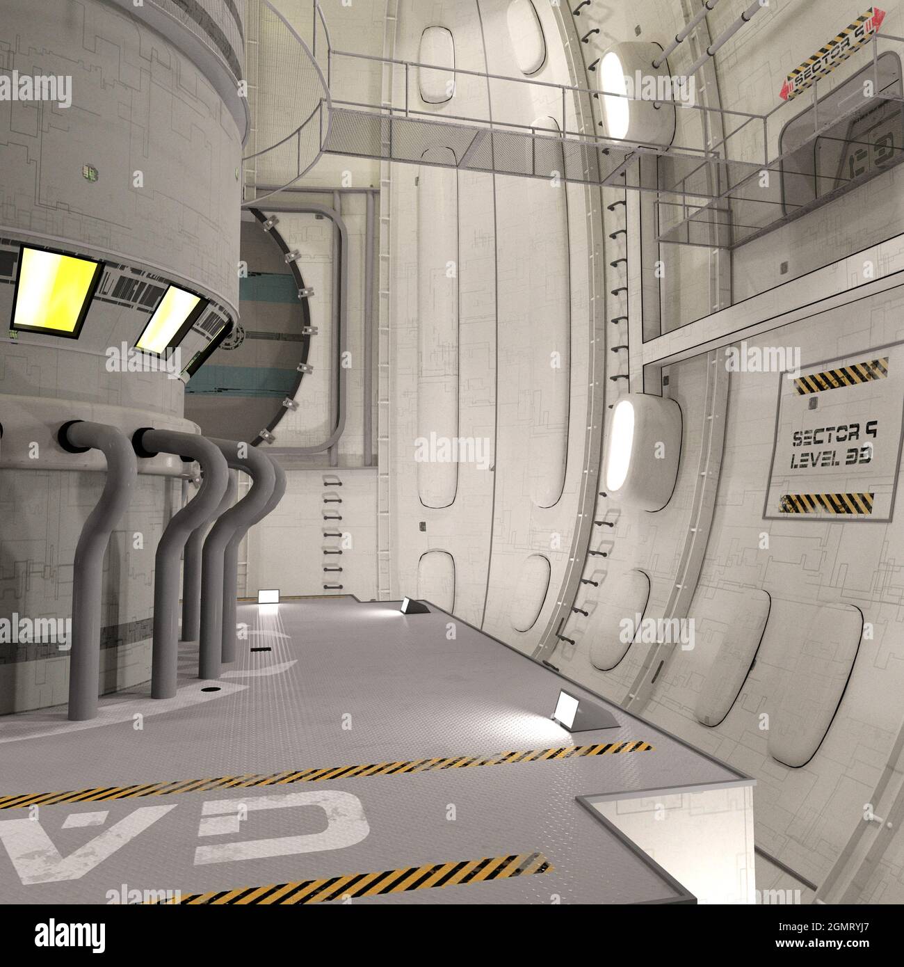 3D-Illustration eines Reaktorraums in einem Science-Fiction-Raumschiff Stockfoto