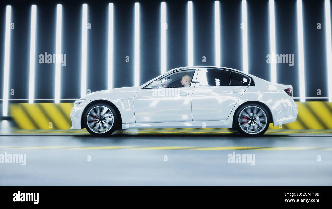 Generischer 3d-Crashtest. Zerstörung des Autos. 3d-Rendering. Stockfoto