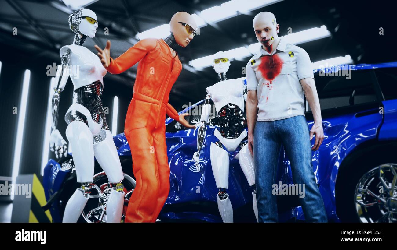 Roboter Crash Test Dummy und Mensch. Zukunftskonzept. 3d-Rendering. Stockfoto