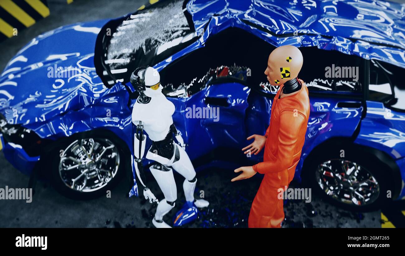 Robot Crash Test Dummy und weibliche Roboter. Zukunftskonzept. 3d-Rendering. Stockfoto