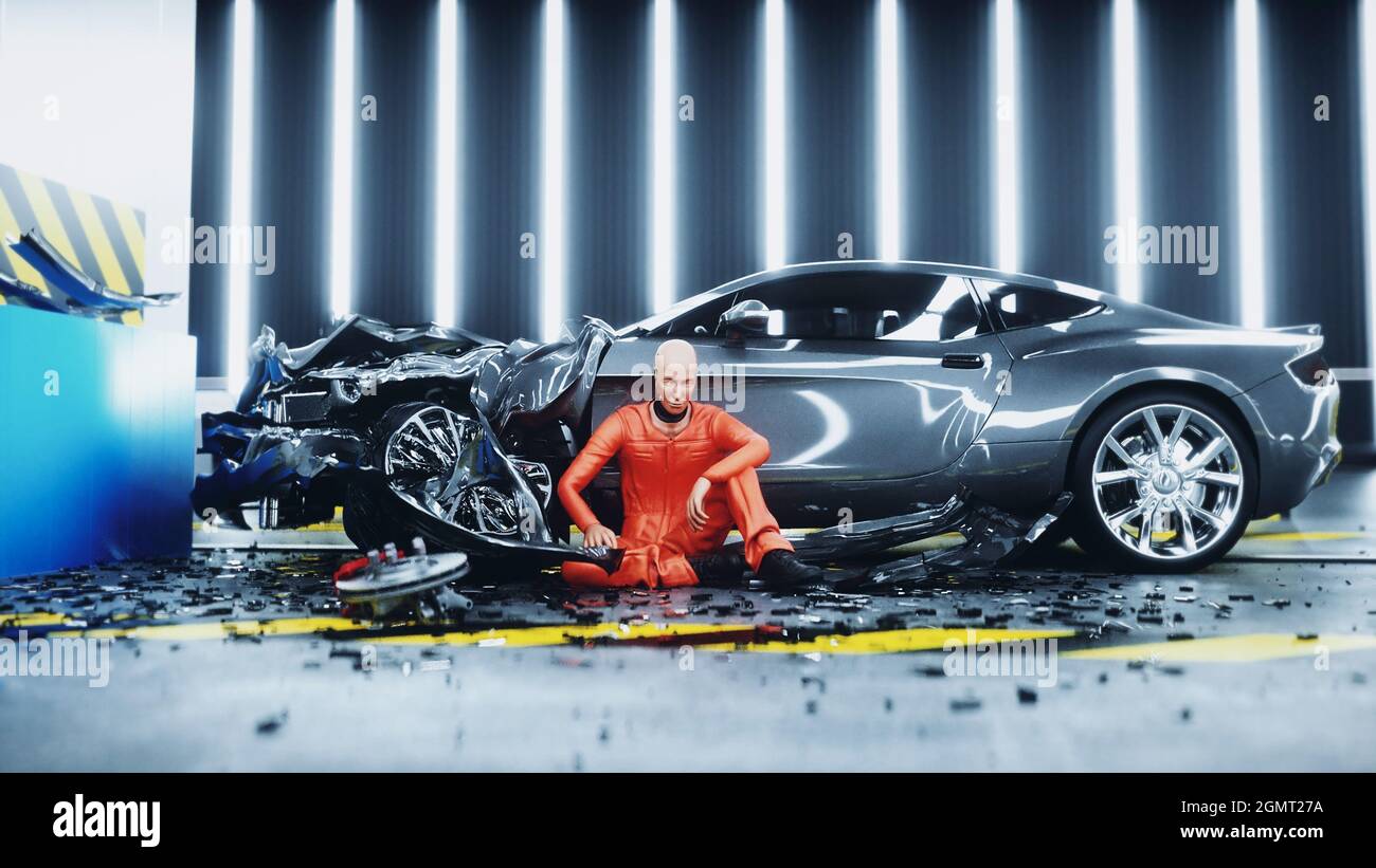 Robot Crash Test Dummy sitzt in der Nähe von zerstörten Auto Crash-Test. Zukunftskonzept. 3d-Rendering. Stockfoto