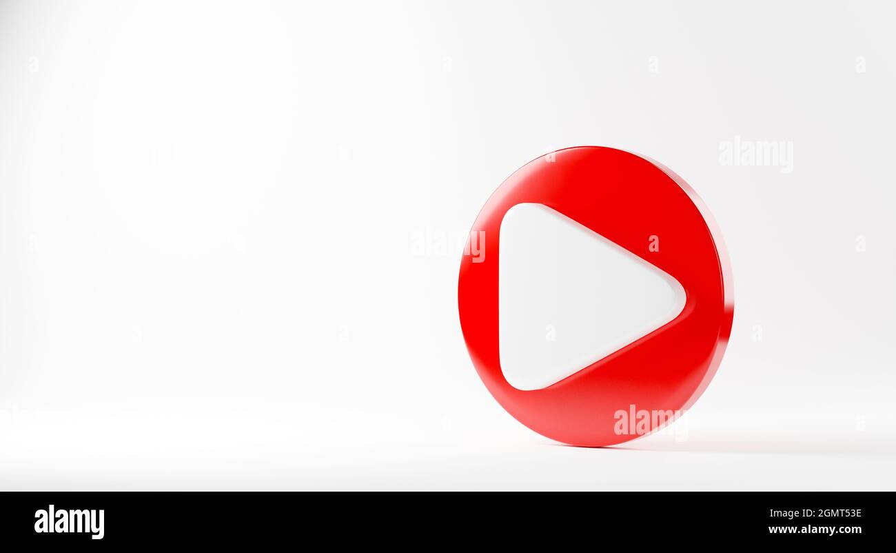 Rote Play-Taste Video-Symbol Social-Media-Zeichen-Player-Symbol-Logo auf weißem Hintergrund für Website-Design und mobile App-Entwicklung, 3D-Rendering illust Stockfoto