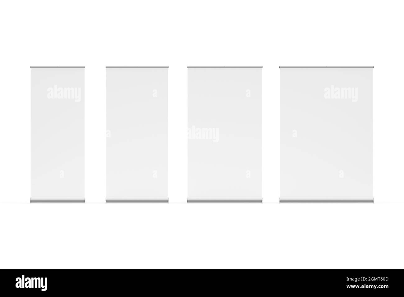 Roll-up-Banner, 4 verschiedene Standardgrößen, darunter 850 mm, 1000 mm, 1200 mm und 1500 mm breit und 2000 mm hoch, Pullup-Banner, isoliert auf weißem Ba Stockfoto