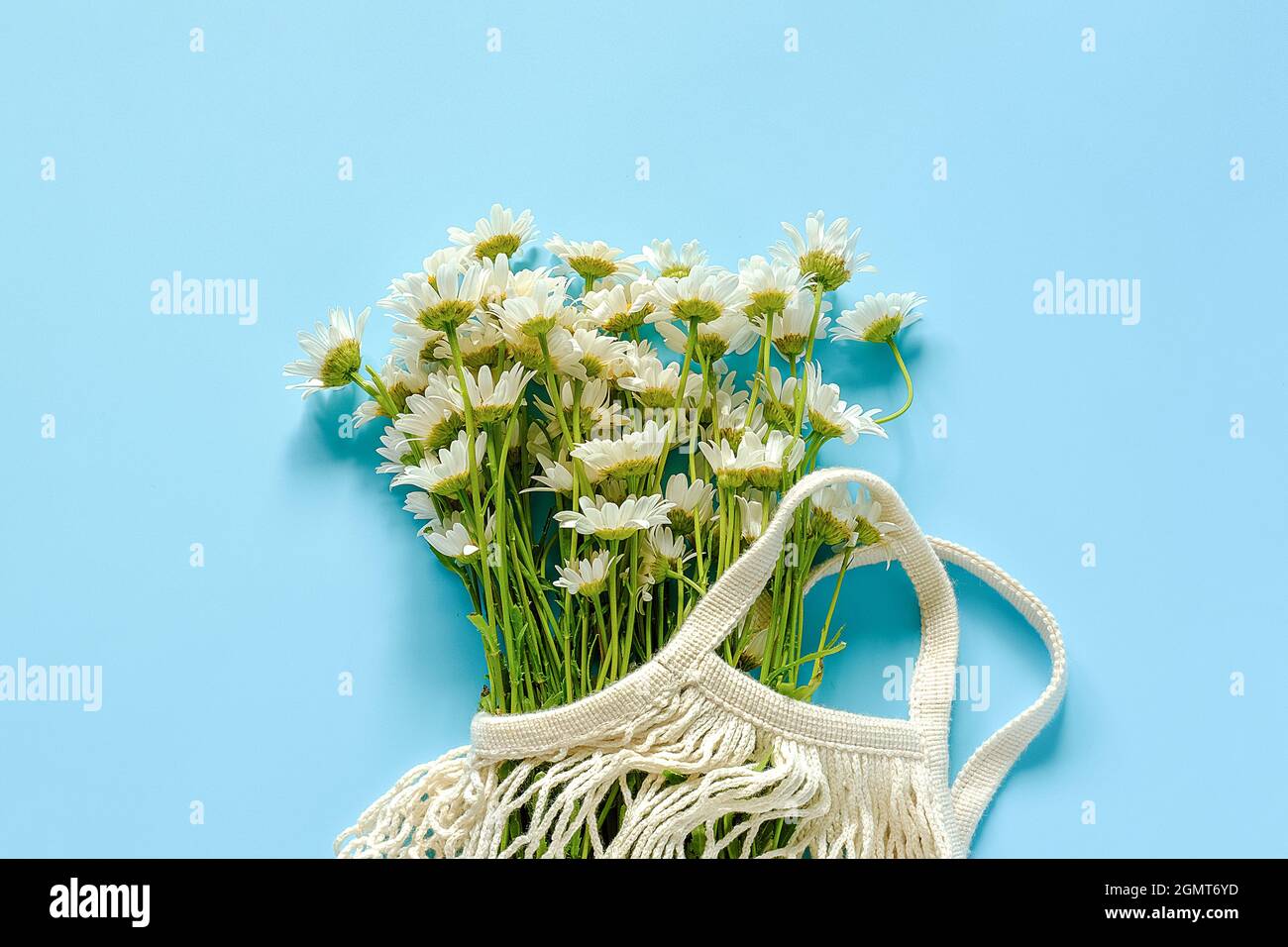 Bouquet von Feldblumenstrauß in wiederverwendbaren Einkaufstasche aus Öko-Mesh auf blauem Hintergrund. Konzept kein Kunststoff und kein Abfall. Platz kopieren Draufsicht. Stockfoto