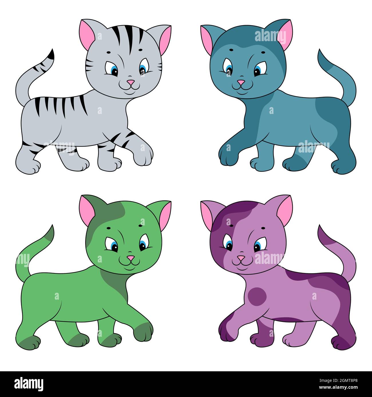 Vier amüsante verschiedene Cartoon-Katzen isoliert auf weißem Hintergrund, Farbbild von Haustieren Stock Vektor