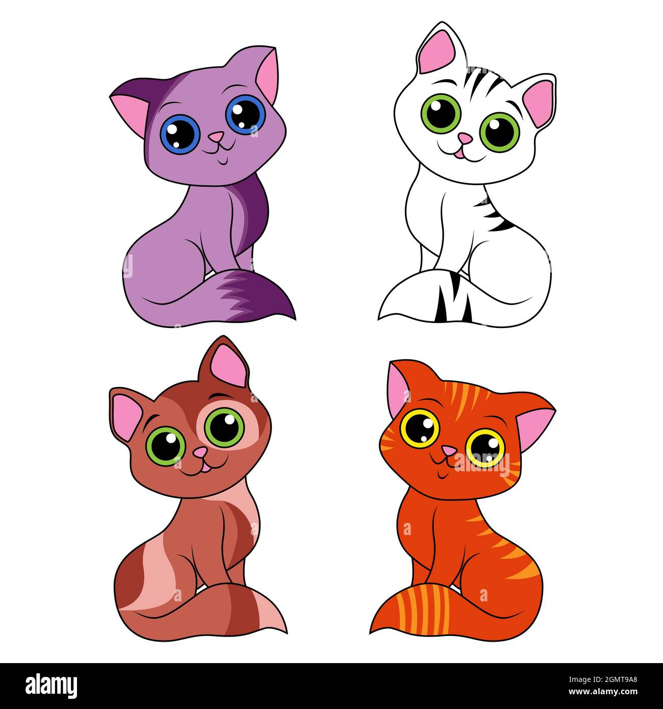 Vier amüsante verschiedene Cartoon-Katzen isoliert auf weißem Hintergrund, Farbbild von Haustieren Stock Vektor