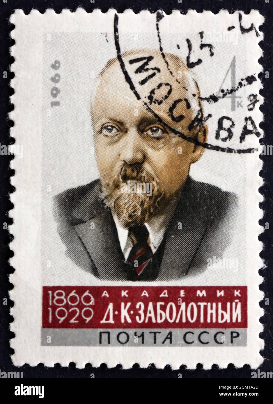 RUSSLAND - UM 1966: Eine in Russland gedruckte Marke zeigt Danylo Kyrylovych Sabolotny, den ukrainischen Epidemiologen und Mikrobiologen, um 1966 Stockfoto