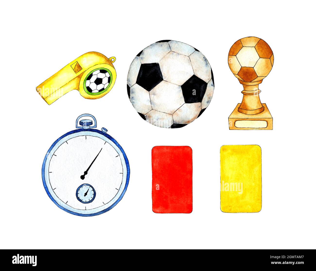 Aquarell Illustration Fußball Set Ball, Tasse, Stoppuhr und Karten rot und  gelb. Eine Ausrüstung für das Fußballspielen. Isoliert über weißem Backgro  Stockfotografie - Alamy