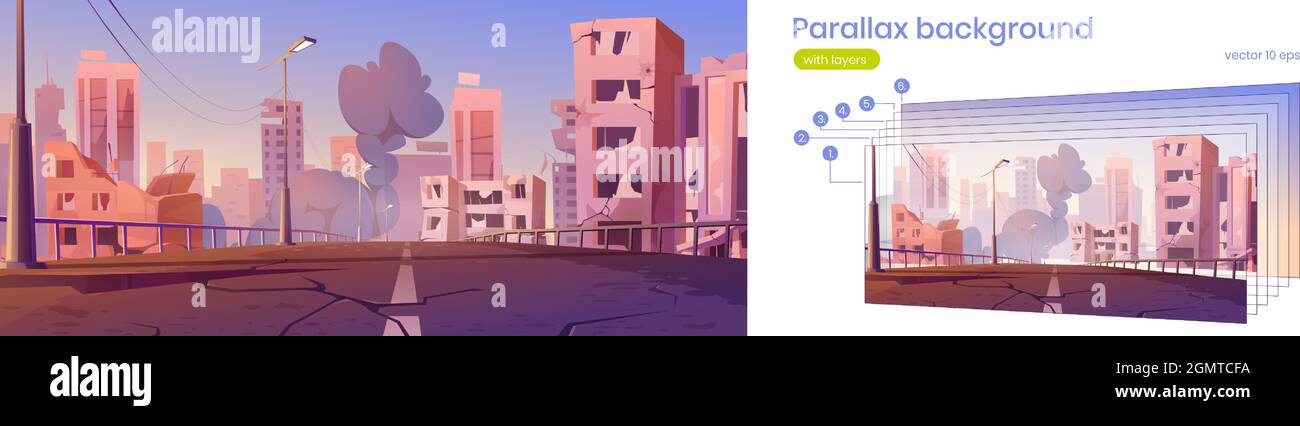 Stadtruinen mit zerbrochenen Häusern, rissiger Straße und Rauch. Vektor Parallax Hintergrund für Spiel-Animation mit Cartoon Stadtbild mit zerstörten Gebäuden nach dem Krieg oder Erdbeben Stock Vektor