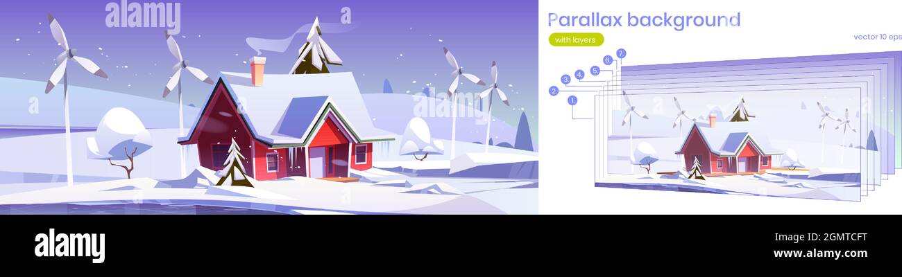 Parallax Hintergrund Winter 2d Landschaft mit Haus und Windkraftanlagen. Cartoon-Vektorszene mit getrennten Schichten für Spielanimationen mit umweltfreundlichen Heim- und Stromerzeugungswindmühlen im Schnee Stock Vektor