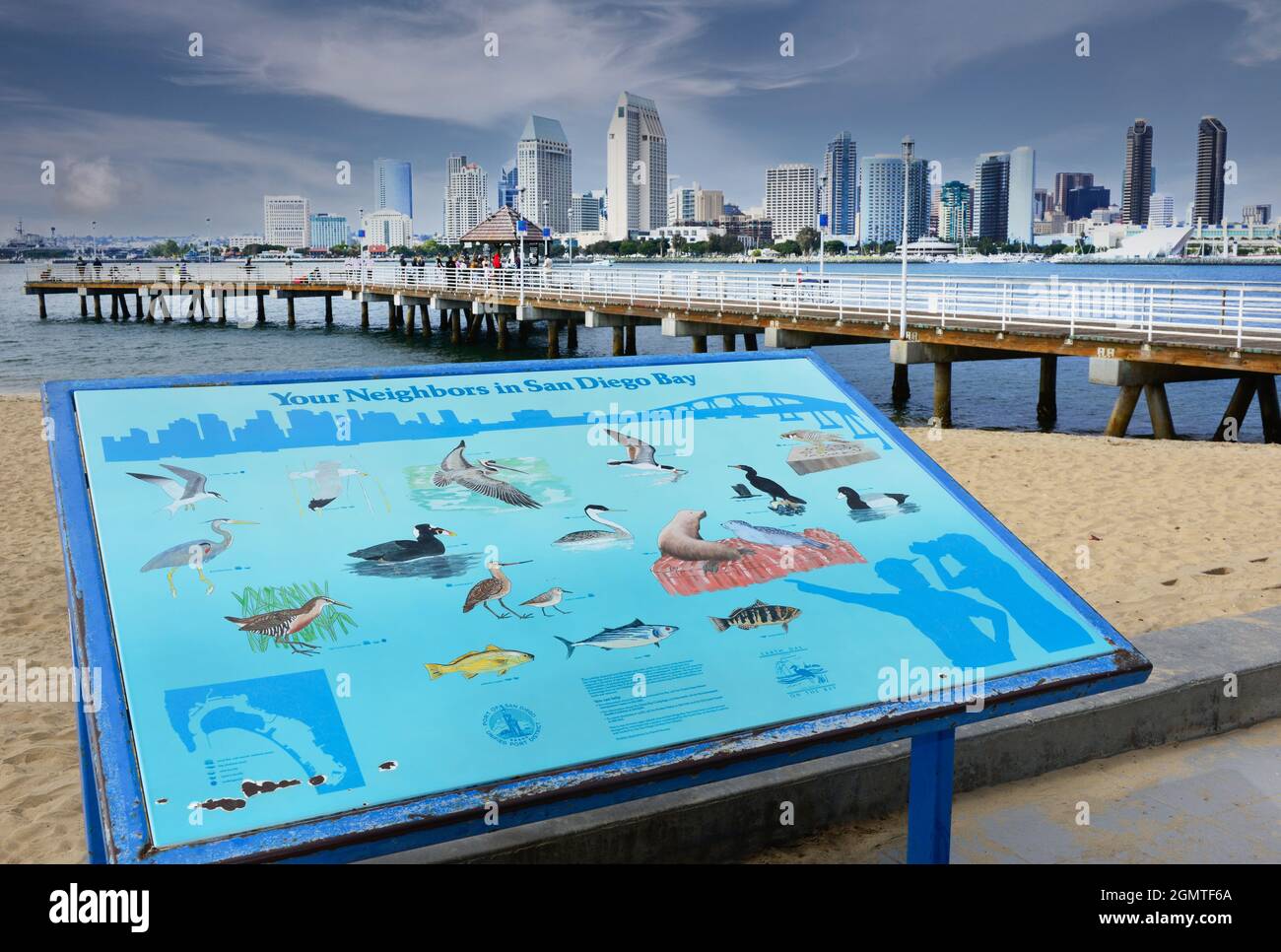 Großes bebildertes Schild mit Wildtieren am Hafen von San Diego, informiert Touristen über die lokalen Arten, wie sie den Coronado Ferry Pier, CA, nutzen Stockfoto