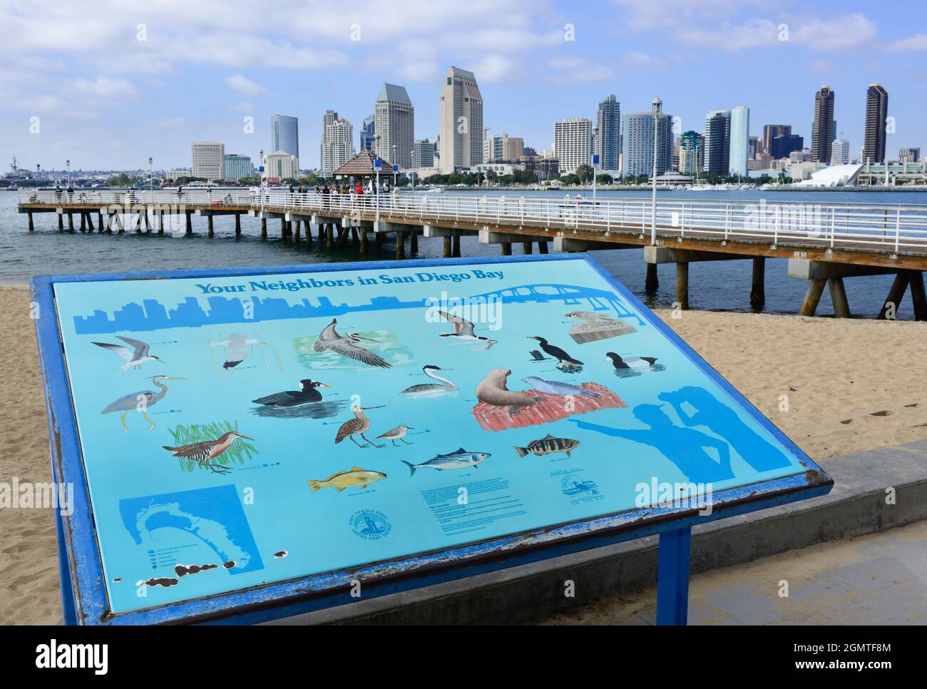 Großes bebildertes Schild mit Wildtieren am Hafen von San Diego, informiert Touristen über die lokalen Arten, wie sie den Coronado Ferry Pier, CA, nutzen Stockfoto