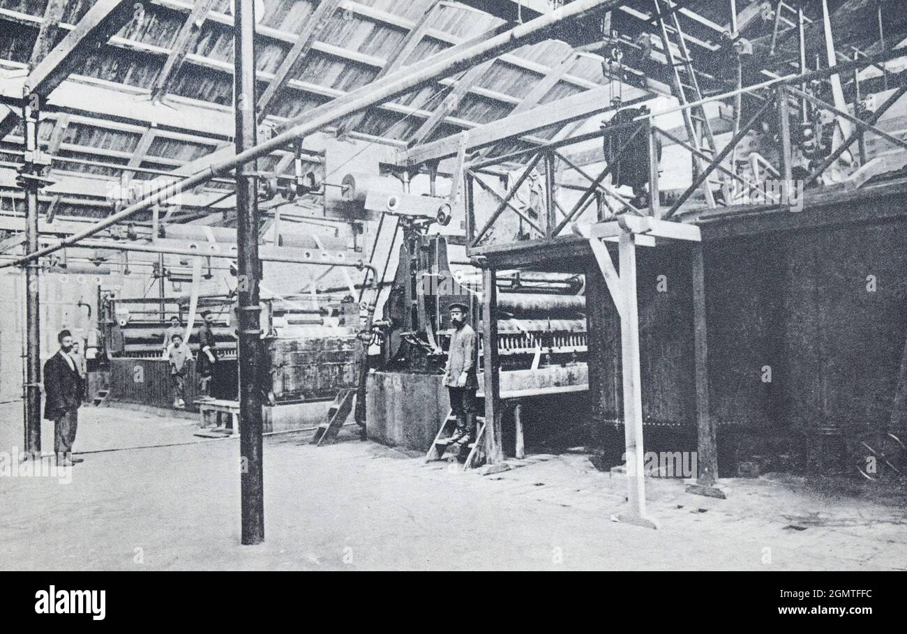 Bleiche in einer Faserverarbeitungsfabrik in Transkaukasien im Jahr 1902. Stockfoto