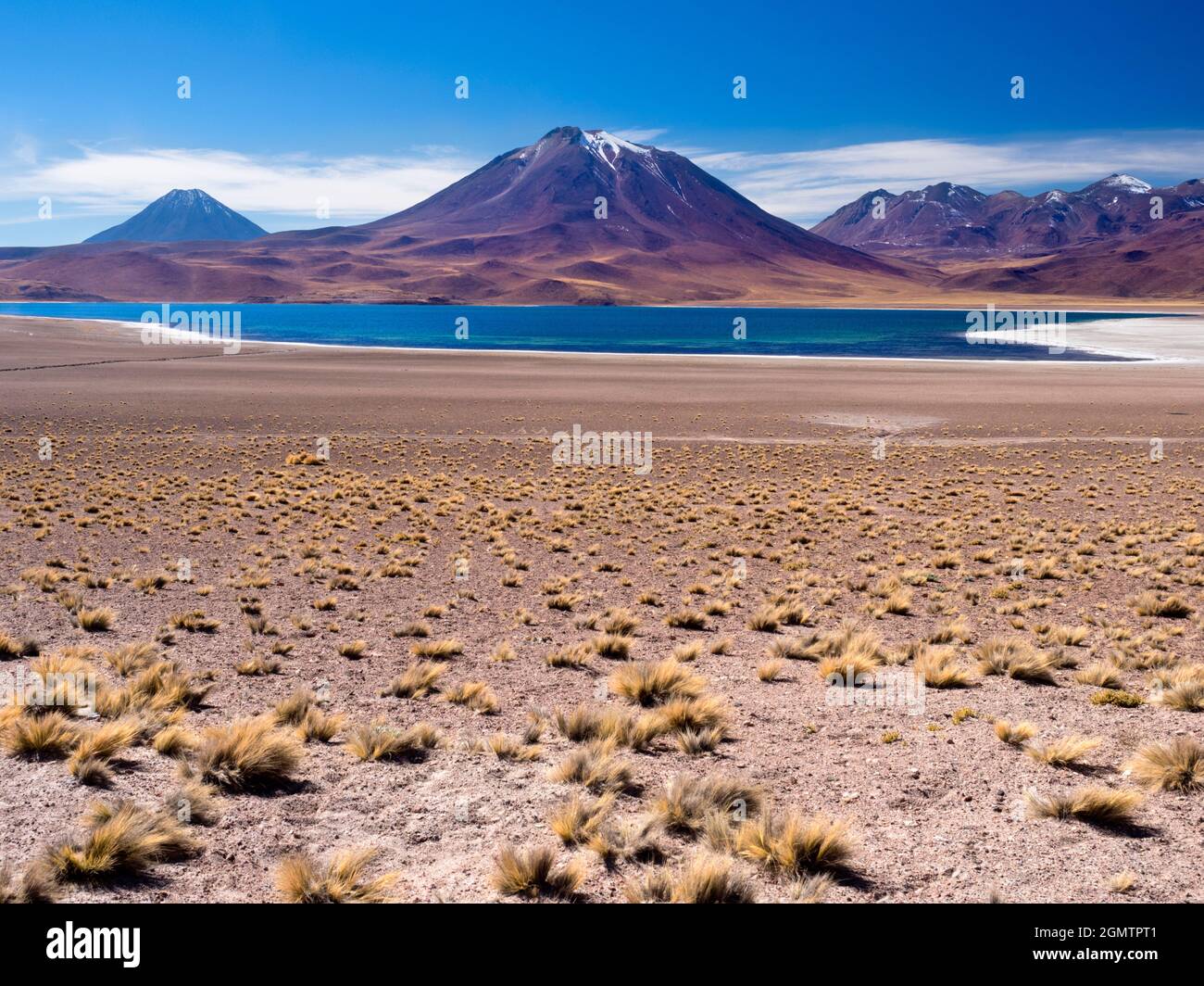 Chile, Altiplano - 26. Mai 2018 im chilenischen altiplano gelegen, sind cLaguna Miniques und Miscanti zwei der schönsten Salzseen Südamerikas. Stockfoto