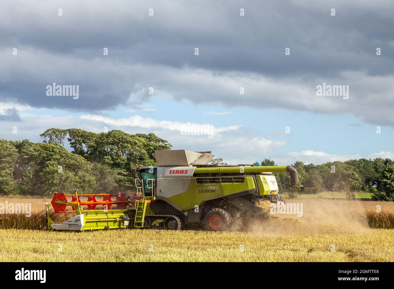 Mähdrescher auf dem Feld in der Nähe von North Berwick, East Lothian Stockfoto