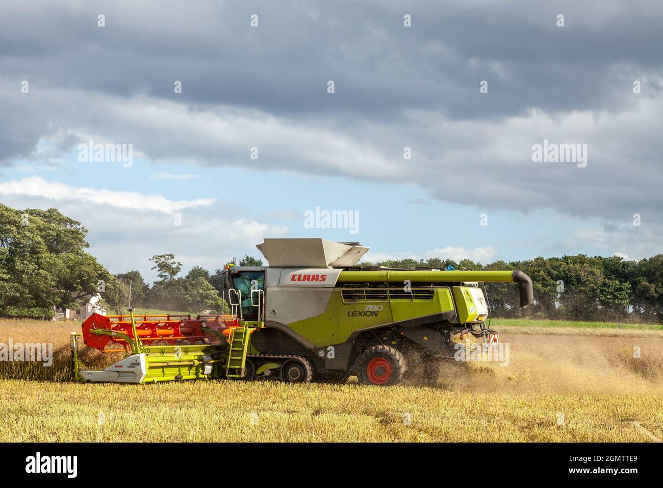 Mähdrescher auf dem Feld in der Nähe von North Berwick, East Lothian Stockfoto