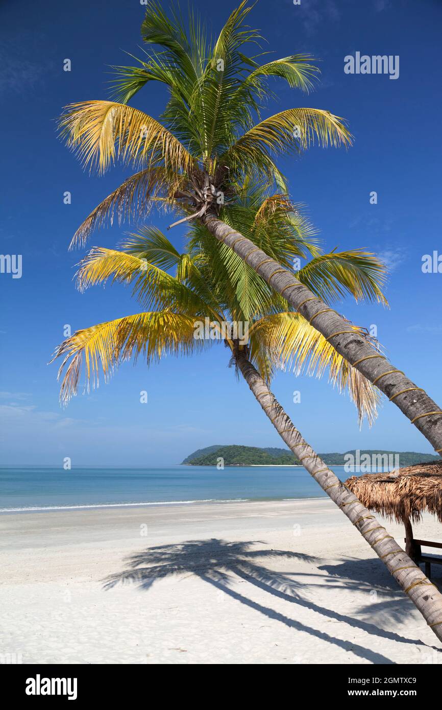 Langkawi, Malaysia - 6. April 2011 Dieses tropische Paradies hat alles - schimmernden weißen Sand, verbogene Palmen und, zumindest am Morgen Stockfoto