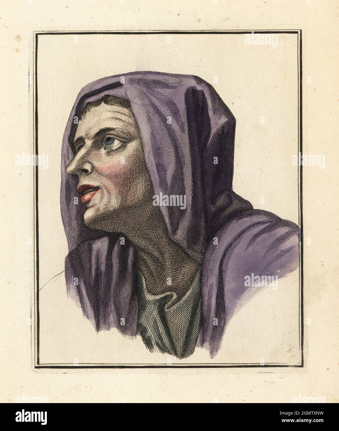 Figur einer Frau im Schleier aus einem Gemälde eines alten Meisters in einem Kunst-Tutorial-Buch aus dem 18. Jahrhundert. Handkolorierter Kupferstich aus Robert Sayers The Artist’s Vade Mecum, being the Whole Art of Drawing, London, 1766. Stockfoto