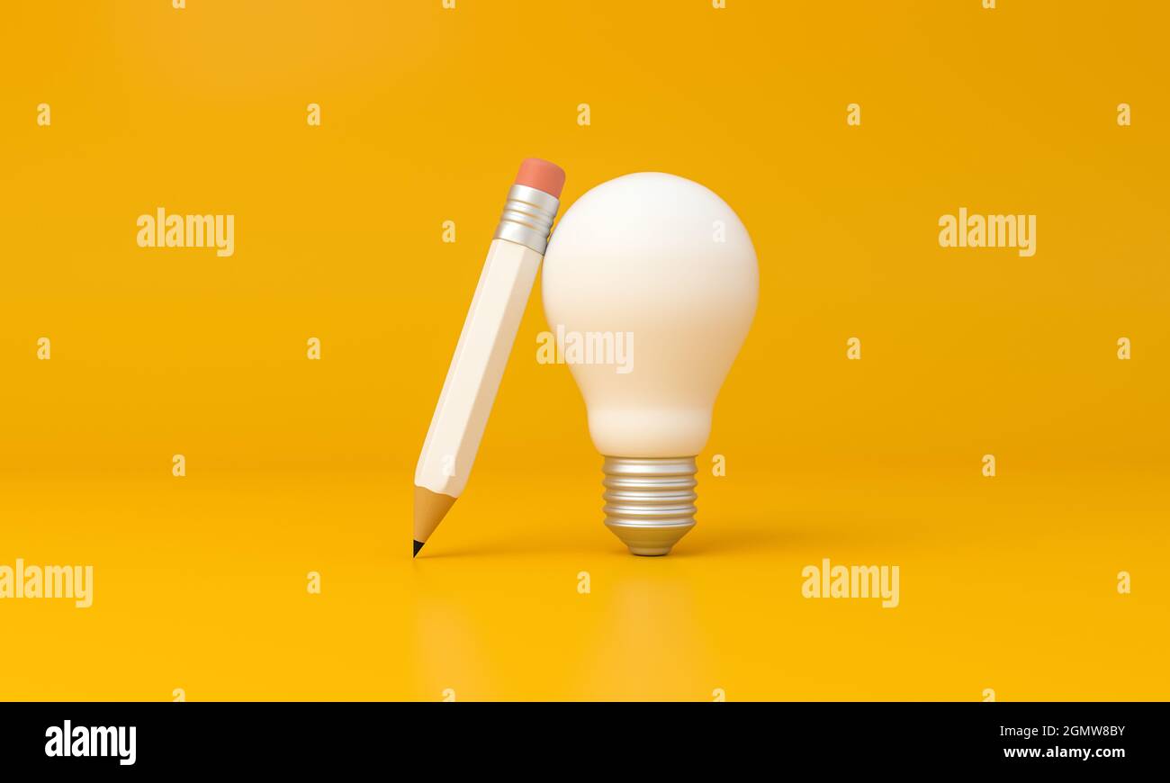 Glühbirne und Bleistift auf gelbem Hintergrund. Kreatives Konzept. 3d-Rendering. Stockfoto