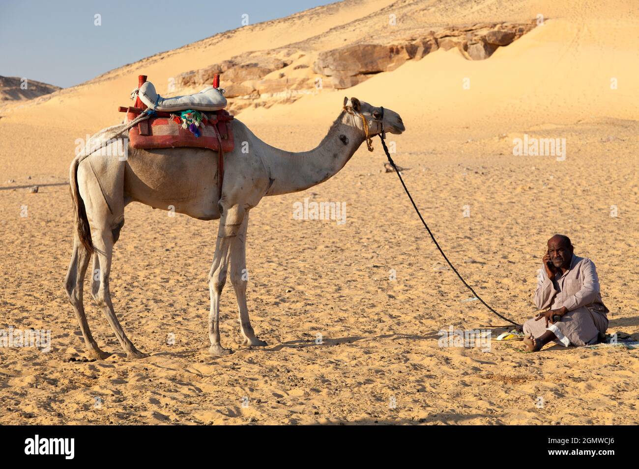 Nubische Wüste, Ägypten - 3. Dezember 2010; das hätte fast eine zeitlose Szene eines Mannes und seines Kamels in der nubischen Wüste sein können - bis man mehr sieht Stockfoto