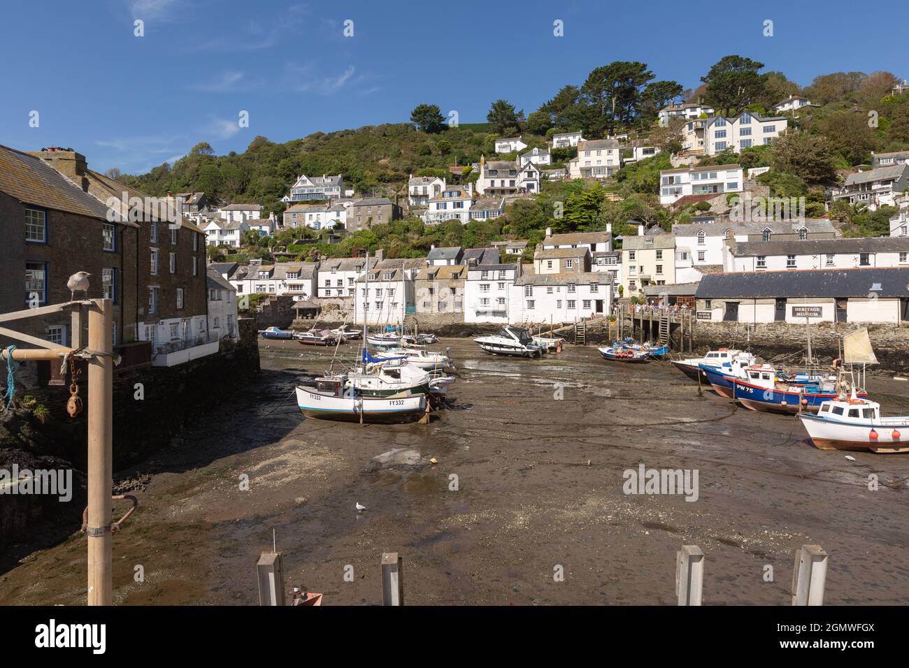 Angeln und Vergnügungsboote bei Ebbe im Hafen von Polperro, Cornwall, mit malerischen, hauptsächlich weiß gestrichenen Häusern des Dorfes im Hintergrund. Stockfoto