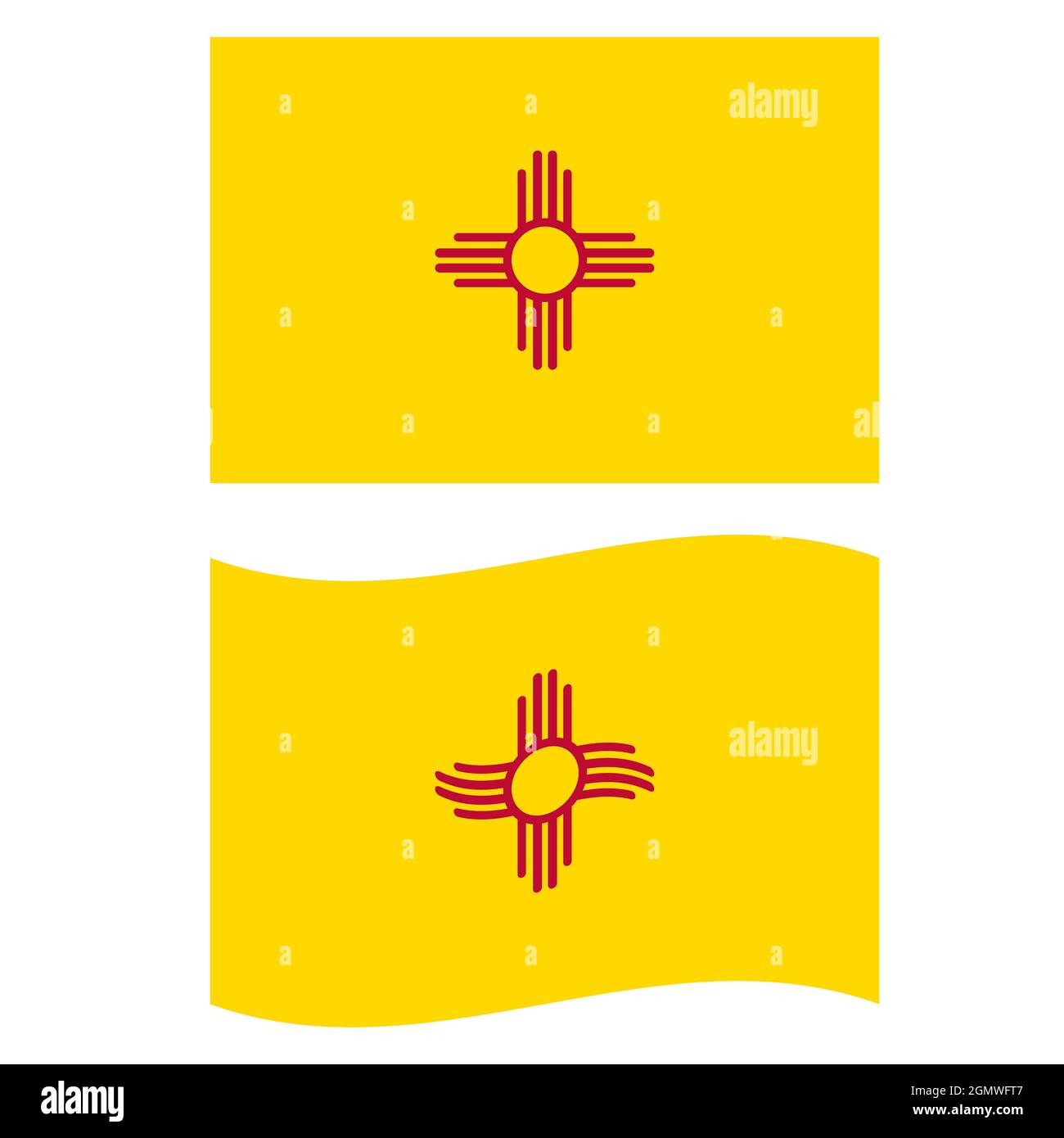 New Mexico Flagge auf weißem Hintergrund. Flagge des Bundesstaates New Mexico. Schwenkende Flagge von New Mexico. Flacher Stil. Stockfoto