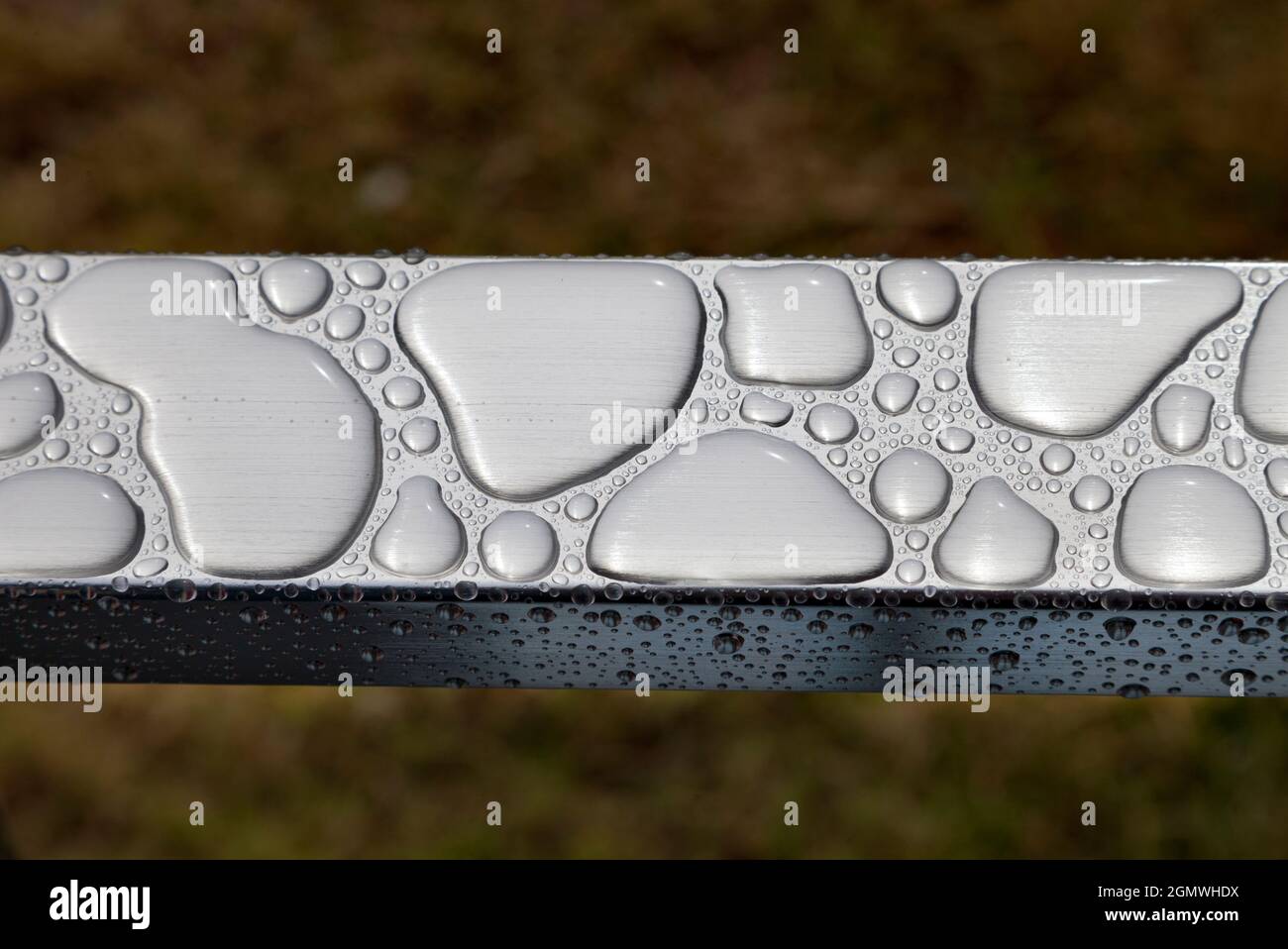 Auckland, Neuseeland - 9. Mai 2012 Nassgeländer vor dem Auckland Museum. Es regnet viel in Neuseeland. Sehr viel. Hier entstehen Wassertröpfchen Stockfoto