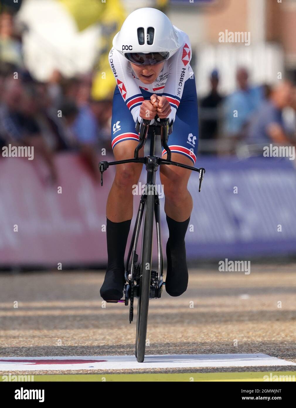 Joscelin Lowden (GBR) im Einsatz beim Einzel-Zeitfahren der Damen Elite von Knokke-Heist nach Brügge bei der UCI-Weltmeisterschaft Straßenradsport Flandern 2021 am 20. September 2021 in Brügge, Belgien. Quelle: SCS/Soenar Chamid/AFLO/Alamy Live News Stockfoto