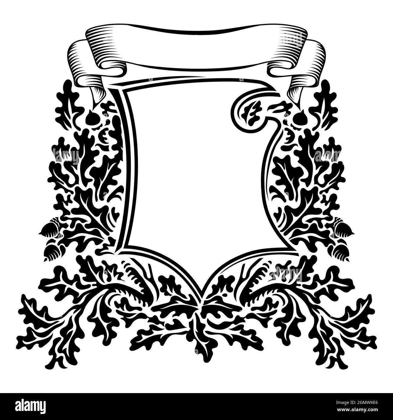 Ritterdesign. Ritter Kreuzritter Schild mit Band, Eichenzweigen und Blättern Stock Vektor