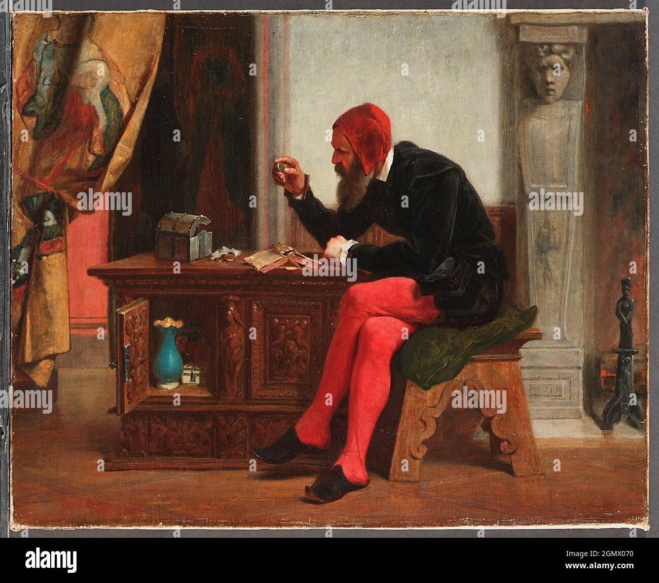 Das Antiquariat. Künstler: Edwin White (1817-1877); Datum: 1855; Medium: Öl auf Leinwand; Maße: 22 1/4 x 27 1/4 Zoll (56.5 x 69.2 cm); Klassifizierung: Stockfoto