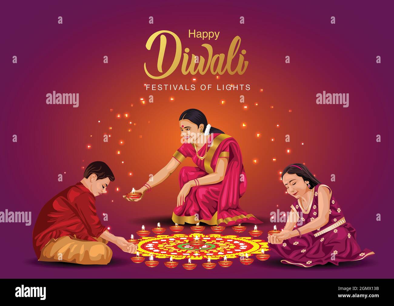 Happy Diwali Grüße. Eine Familie macht diya Dekoration. vektor-Illustration Stock Vektor