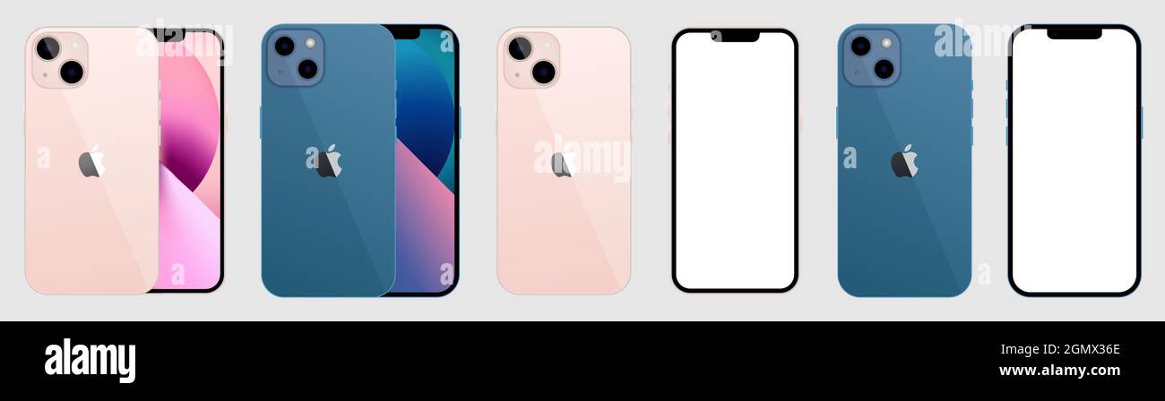 Vinnyzja, Ukraine - 15. September 2021. Neues iPhone 13 in zwei Farben Pacific Blue und Pink von Apple Inc. Mock-up Screen iphone und Rückseite iph Stock Vektor