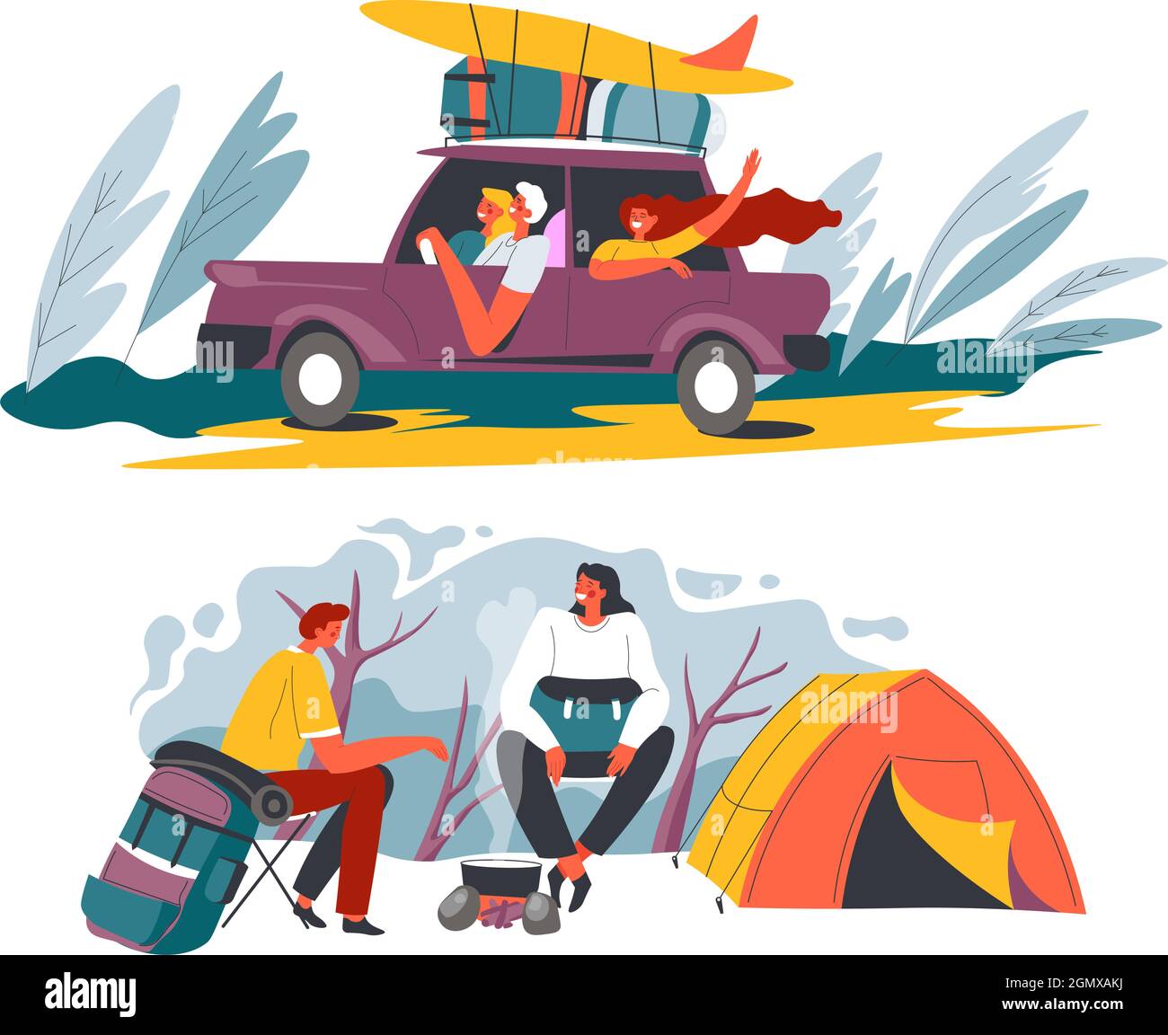 Abenteuer und Reisen, Fernweh und Camping Stock Vektor